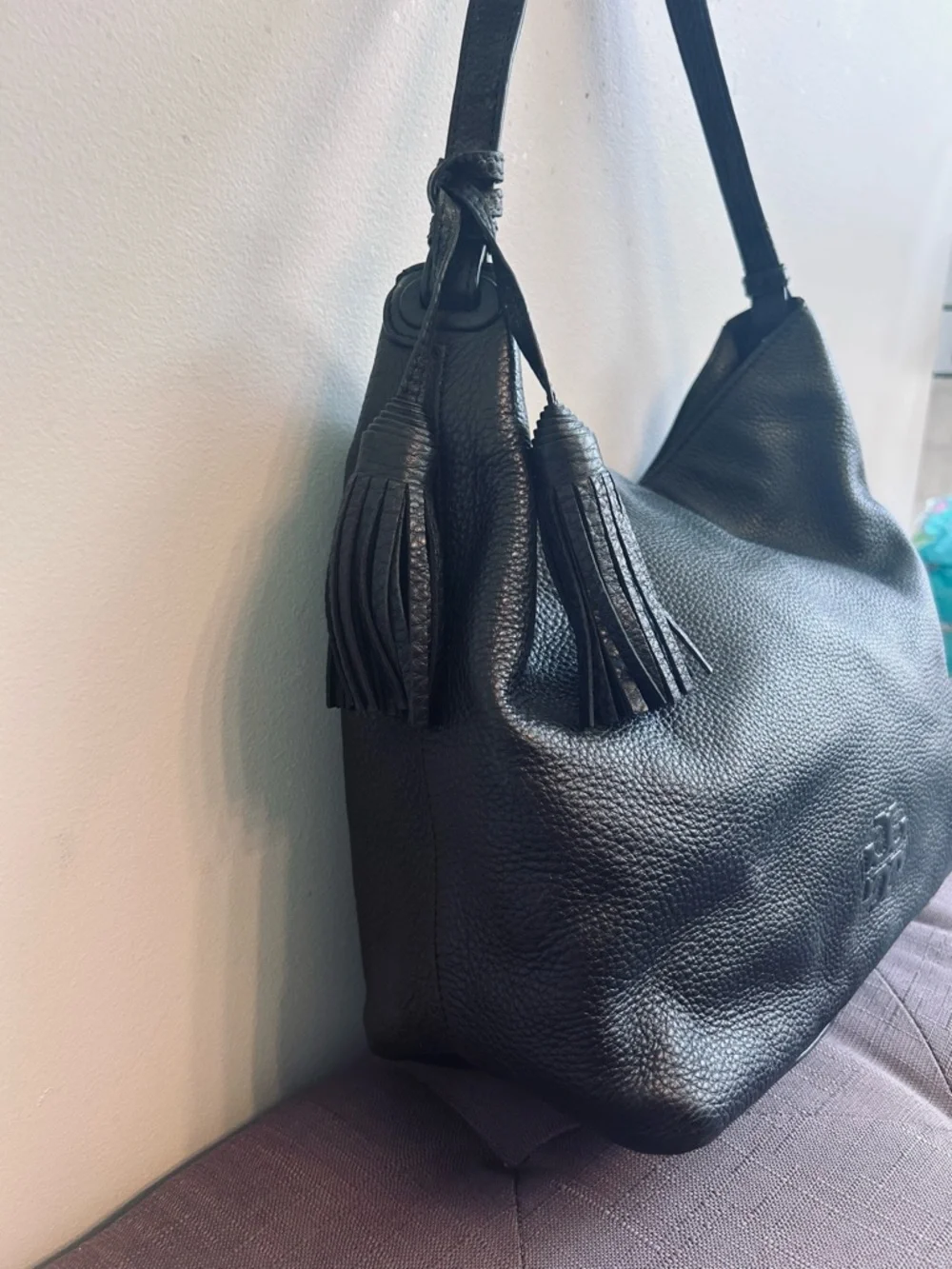 Tory Burch Thea Black Pebbled Leather Tassel Hobo Shoulder Bag!